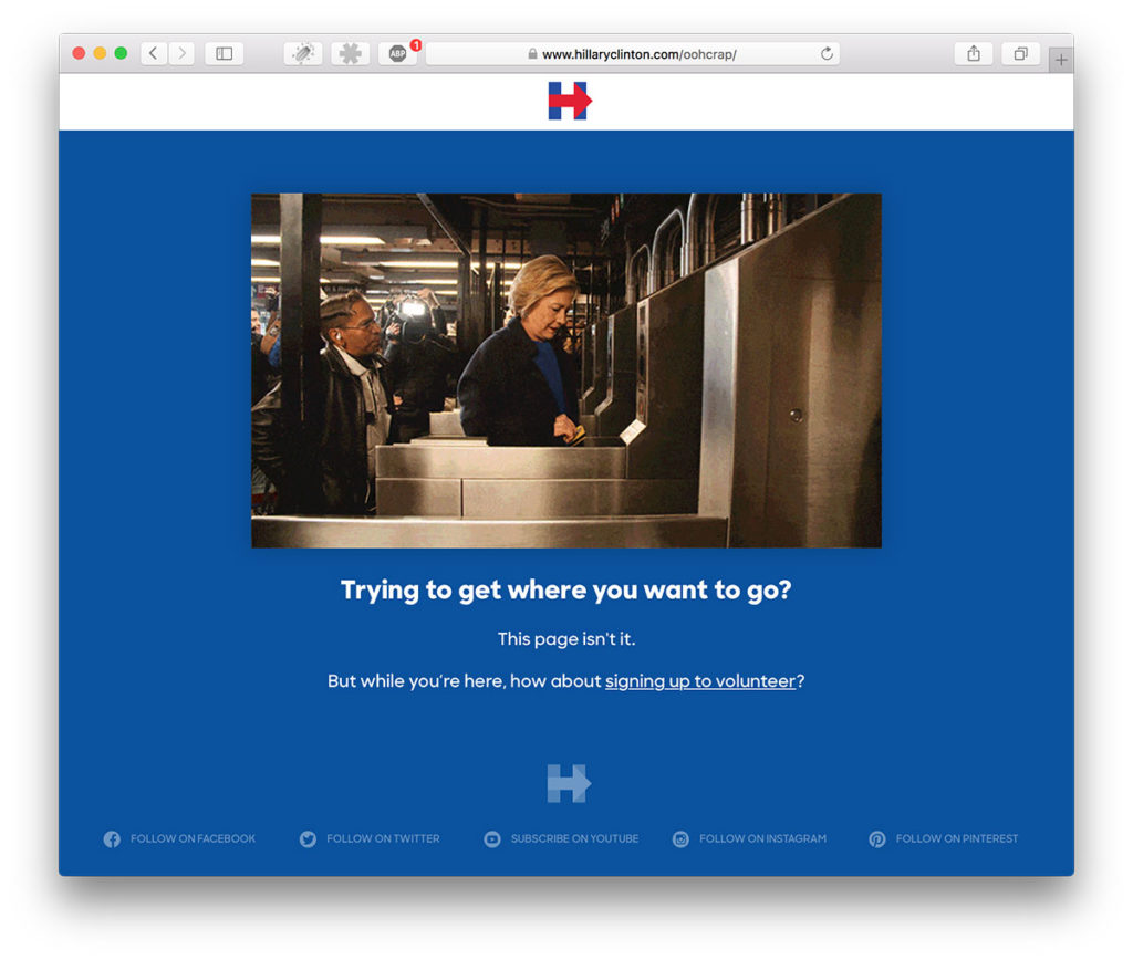 Hillary Clinton's Error 404-page is showing her failing swiping a card